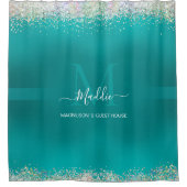 北極アクアの輝きの輝きのティール(緑がかった色)金属モノグラム シャワーカーテン (正面)