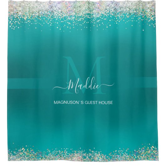 北極アクアの輝きの輝きのティール(緑がかった色)金属モノグラム シャワーカーテン (正面)