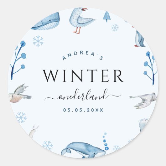 北極アニマルズブルー冬オンダーランド1歳の誕生日 ラウンドシール (正面)