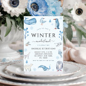 北極アニマルズブルー冬オンダーランド1歳の誕生日 招待状