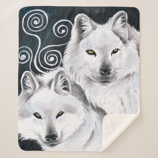 北極オオカミの水彩画 シェルパブランケット (正面)