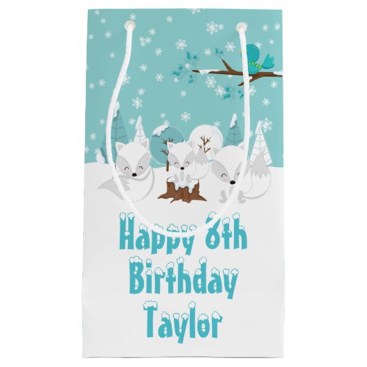 北極キツネウィンターブルーハッピーバースデースモールギフト スモールペーパーバッグ (正面)