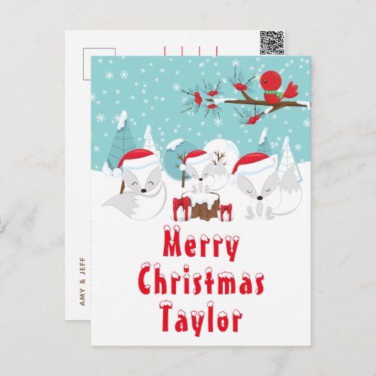 北極キツネクリスマスウッドランドメリークリスマス シーズンポストカード (正面/裏面)