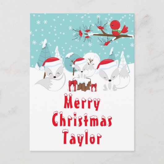 北極キツネクリスマスウッドランドメリークリスマス シーズンポストカード (正面)
