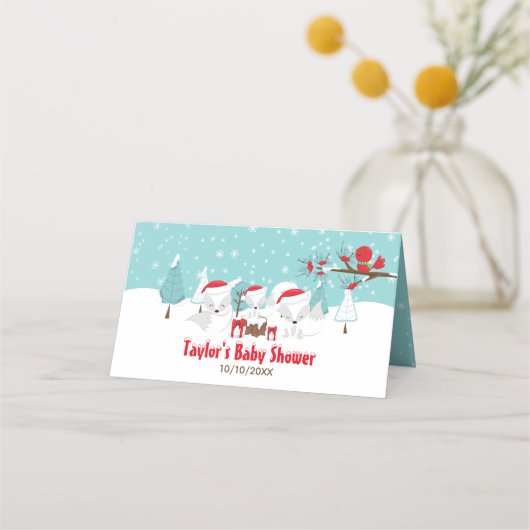 北極キツネクリスマスウッドランド赤ちゃんシャワー プレイスカード (裏面)