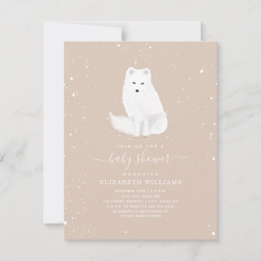 北極キツネスノーピンクベビーガール冬のベビーシャワー 招待状 (正面)