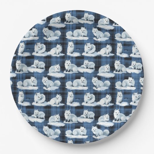 北極キツネ冬クリスマスタータンチェック格子模様 ペーパープレート (正面)