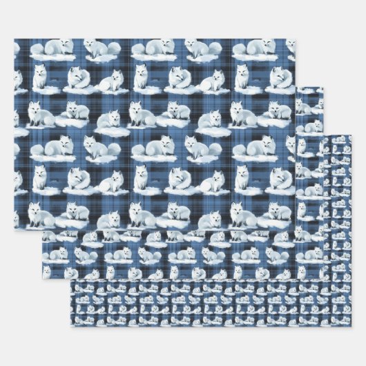 北極キツネ冬クリスマスタータンチェック格子模様 ラッピングペーパーシート (セット)