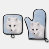 北極キツネ冬絵を描のオリジナル野生生物アート 鍋つかみ&鍋敷きセット (正面)