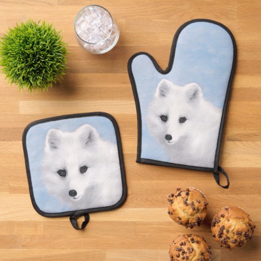 北極キツネ冬絵を描のオリジナル野生生物アート 鍋つかみ&鍋敷きセット (トップダウン)