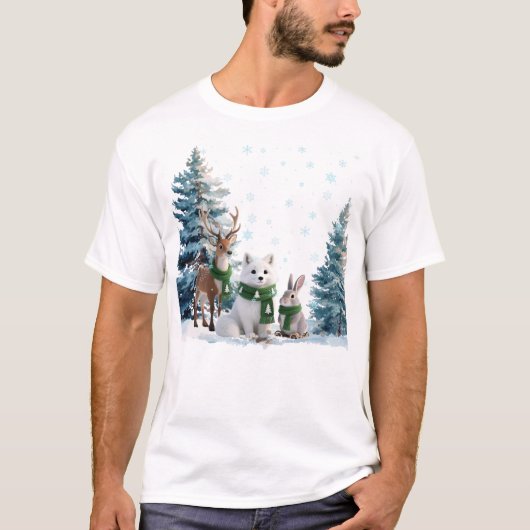 北極ギツネ・ヘラジカ・ノウサギの冬の野生動物トリオ Tシャツ (正面)