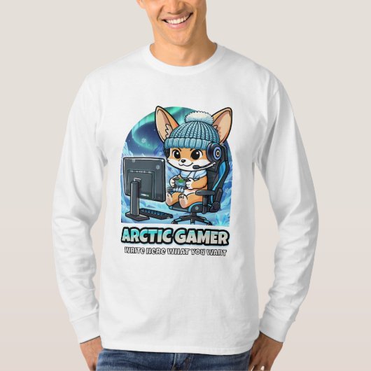 北極ゲーマーフェネックギツネ - 極光の冬のゲーミング Tシャツ (正面)