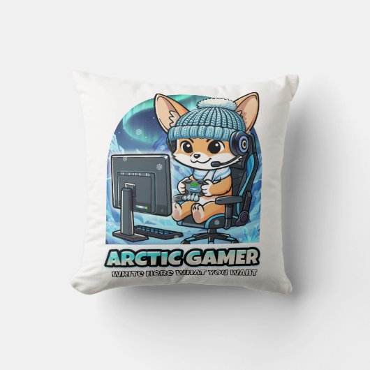 北極ゲーマーフェネックギツネ - 極光の冬のゲームプレイ クッション (正面)