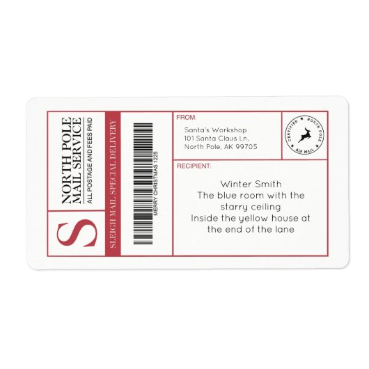 北極サンタのワークショップ編集可能な出荷 ラベル (正面)