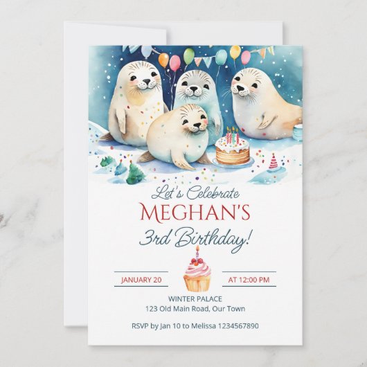 北極シール冬の誕生日の編集可能テンプレート 招待状 (正面)