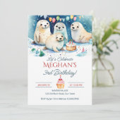 北極シール冬の誕生日の編集可能テンプレート 招待状 (スタンド正面)