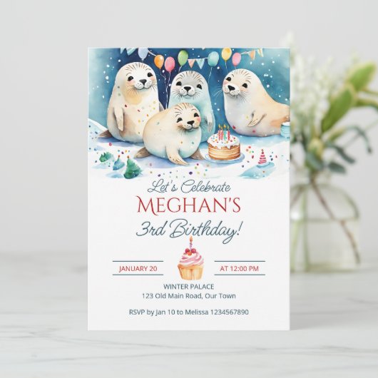 北極シール冬の誕生日の編集可能テンプレート 招待状 (スタンド正面)