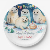 北極シール冬の誕生日パーソナライズされたテンプレート ペーパープレート (正面)
