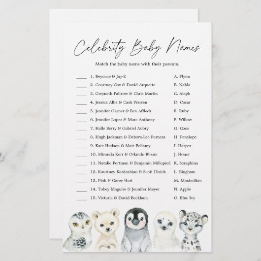 北極ベビーシャワー有名人ベビーネームゲーム (正面/裏面)