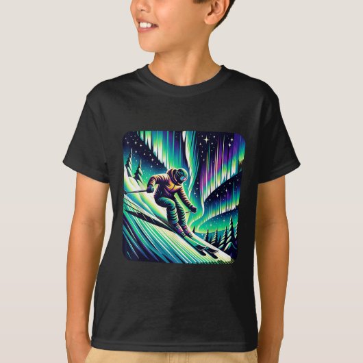 北極光の下でのアドベンチャースキー Tシャツ (正面)