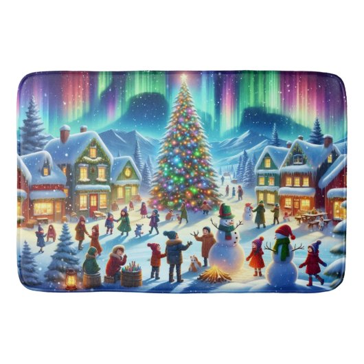 北極光の冬のクリスマスのお祝い バスマット (正面)
