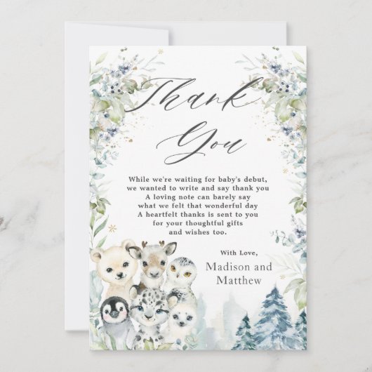 北極動物の冬の不思議な国の赤ちゃんシャワー サンキューカード (正面)