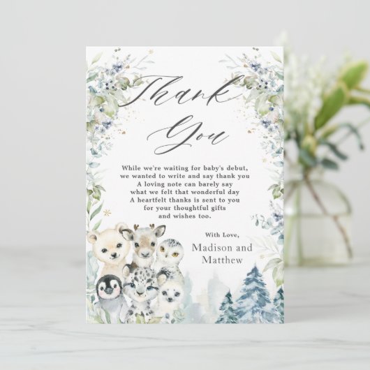 北極動物の冬の不思議な国の赤ちゃんシャワー  サンキューカード (スタンド正面)