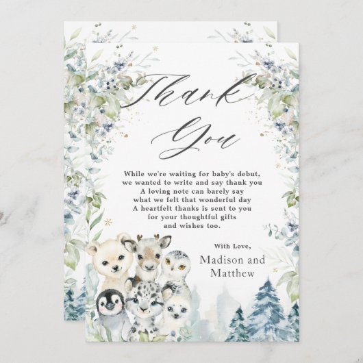北極動物の冬の不思議な国の赤ちゃんシャワー サンキューカード (正面/裏面)