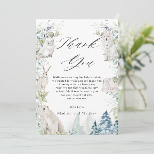 北極動物の冬の不思議な国の赤ちゃんシャワー  サンキューカード (スタンド正面)