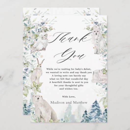 北極動物の冬の不思議な国の赤ちゃんシャワー サンキューカード (正面/裏面)