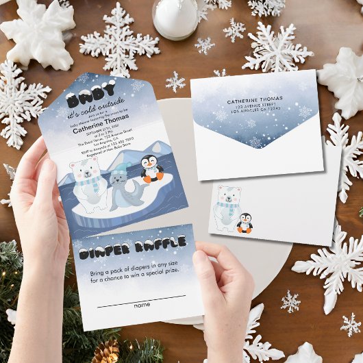 北極動物冬ワンダーランド赤ちゃんシャワー オールインワン招待状