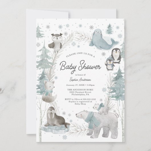 北極動物冬季ベビーシャワー招待状カード 招待状 (正面)