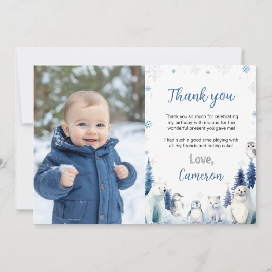 北極動物冬誕生日写真 サンキューカード (正面)