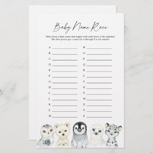 北極動物赤ちゃんシャワー名レースゲーム (正面/裏面)