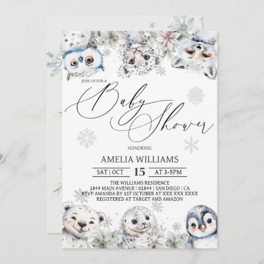 北極動物赤ちゃんシャワー 招待状 (正面/裏面)