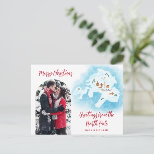 北極図解入りの、写真付きのの地図ユニーク写真クリスマス シーズンポストカード (スタンド正面)