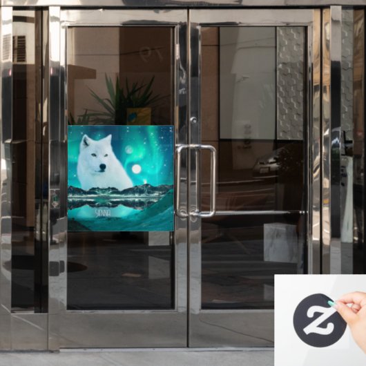 北極圏のオオカミと北極光を持つ幻想的な夜 ウィンドウサイン (オフィスドア)