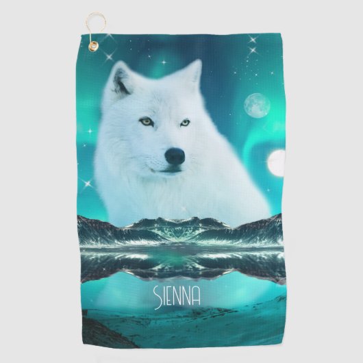 北極圏のオオカミと北極光を持つ幻想的な夜 ゴルフタオル (正面)