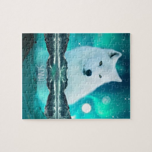 北極圏のオオカミと北極光を持つ幻想的な夜 ジグソーパズル (横)