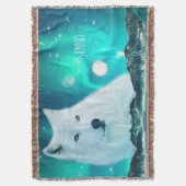 北極圏のオオカミと北極光を持つ幻想的な夜 スローブランケット (正面縦)