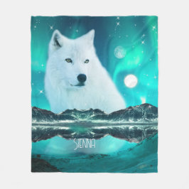北極圏のオオカミと北極光を持つ幻想的な夜 フリースブランケット