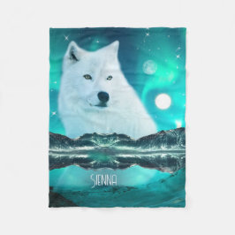 北極圏のオオカミと北極光を持つ幻想的な夜 フリースブランケット