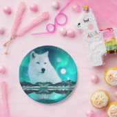 北極圏のオオカミと北極光を持つ幻想的な夜 ペーパープレート (パーティー)