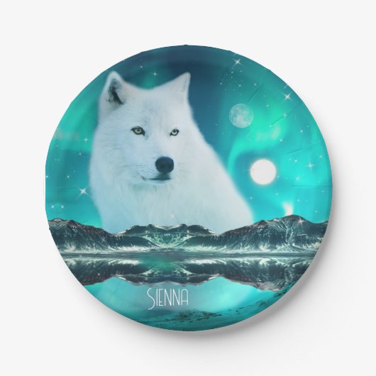 北極圏のオオカミと北極光を持つ幻想的な夜 ペーパープレート (正面)