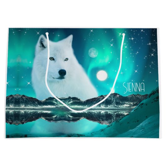 北極圏のオオカミと北極光を持つ幻想的な夜 ラージペーパーバッグ (正面)