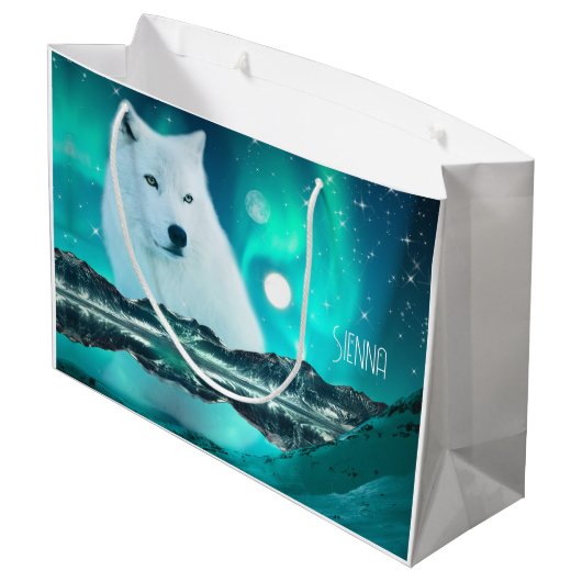 北極圏のオオカミと北極光を持つ幻想的な夜 ラージペーパーバッグ (裏面アングル)