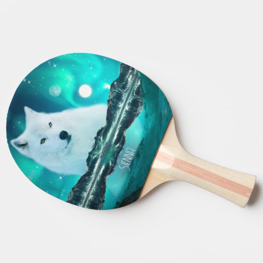 北極圏のオオカミと北極光を持つ幻想的な夜 卓球ラケット (横)