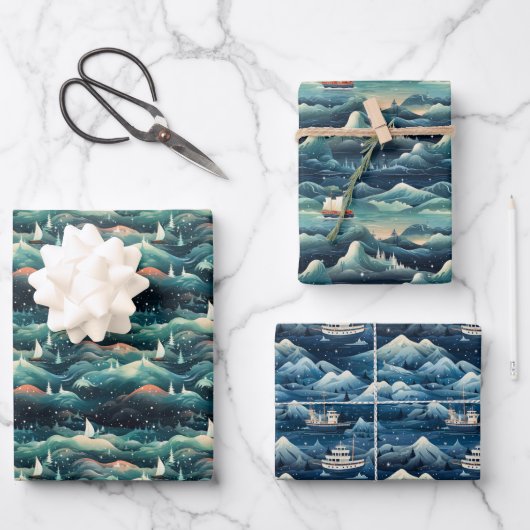 北極圏オーロラ探検隊:氷の冒険デザイン ラッピングペーパーシート (正面)