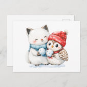 北極圏キツネとフクロウの水彩イラストレーション ポストカード (正面/裏面)