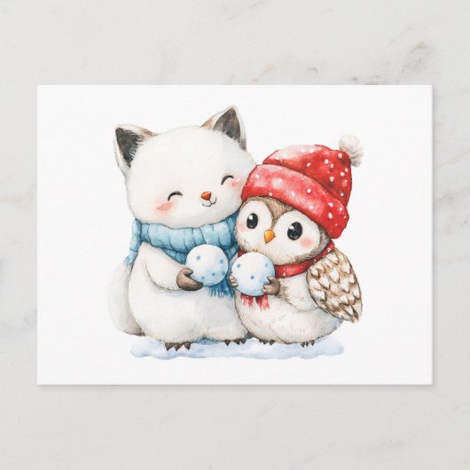 北極圏キツネとフクロウの水彩イラストレーション ポストカード (正面)